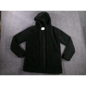 Sky Sparrow Cardigan Women Medium Black Hooded Open Front Sherpa Fleece Cozy
